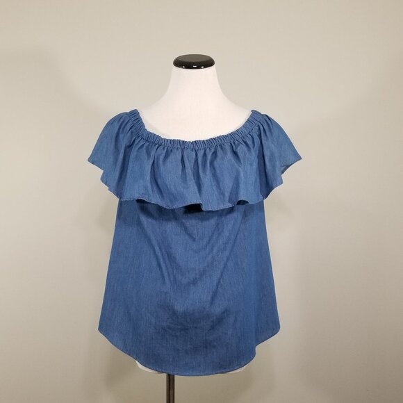 New Adeline Denim Blouse Off Shoulder Peasant Ruffle - Picture 1 of 6
